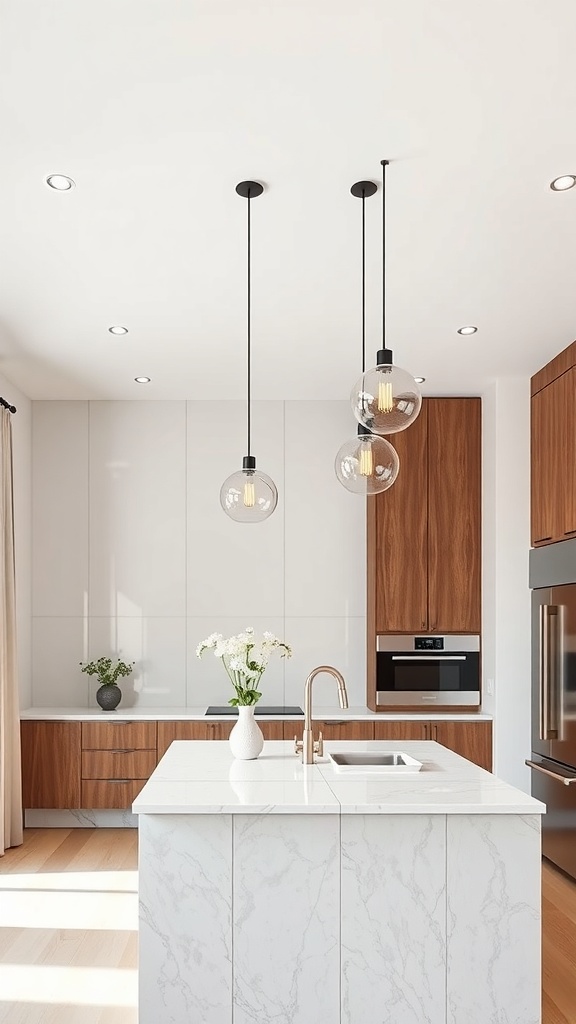 Modern kitchen with pendant lights over an island