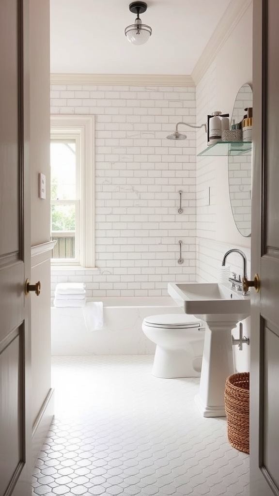 A small bathroom featuring penny tile flooring, white walls, and a modern design with a bathtub and sink.