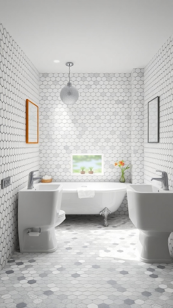 A modern bathroom featuring penny tile flooring in a hexagonal pattern, with a freestanding tub and two sinks.