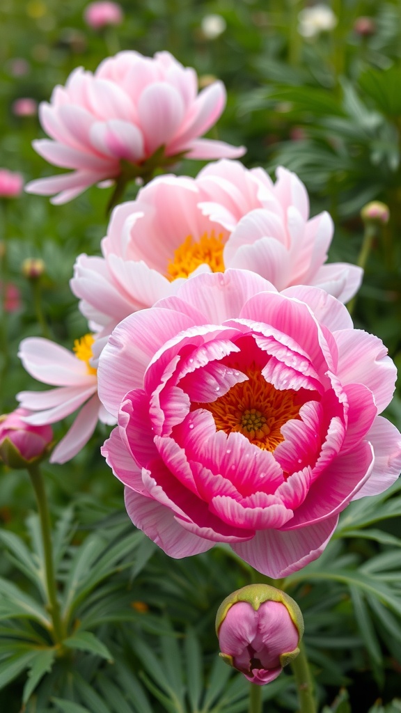 Close-up of pink peonies blooming in a garden.