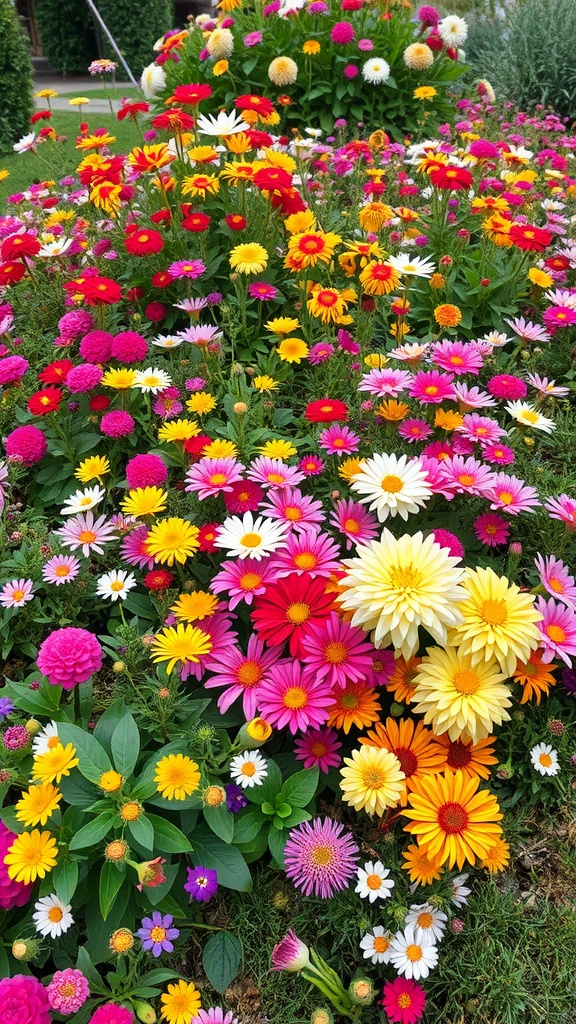 A colorful display of various perennial flowers in a garden.
