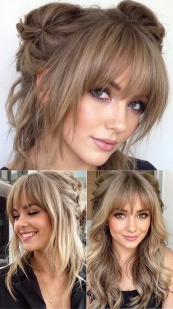 A woman with half up half down hairstyle featuring soft waves and straight bangs.