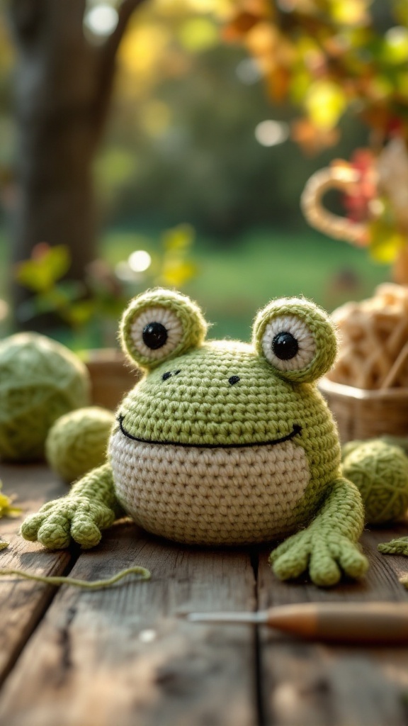 A crochet frog hat sitting on a wooden table with yarn and a crochet hook, surrounded by green yarn balls.