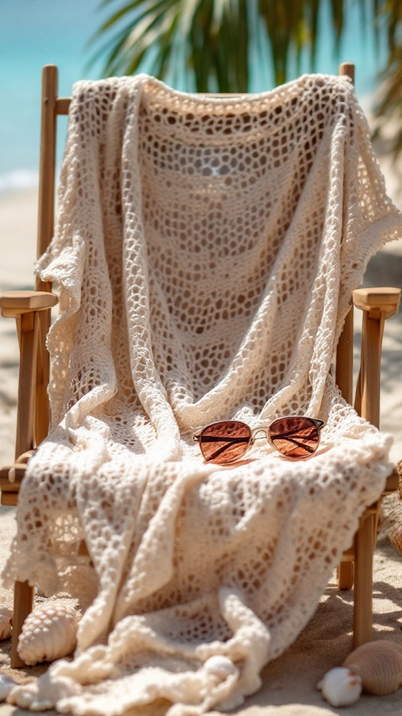 A crochet mesh dress draped over a beach chair with sunglasses on the side, set against a sandy beach background.