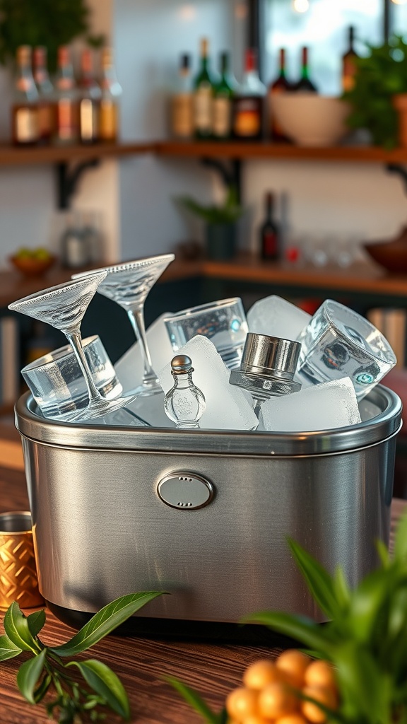 An ice bucket filled with various shapes and sizes of ice, alongside martini glasses, set in a cozy bar environment.