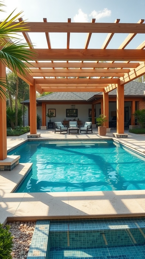 A pergola over a pool area with seating and lush greenery.