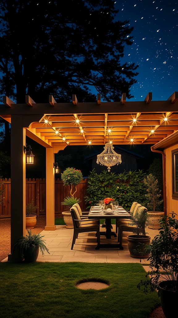 A beautifully lit pergola with a dining table and chairs, surrounded by plants and trees at night.