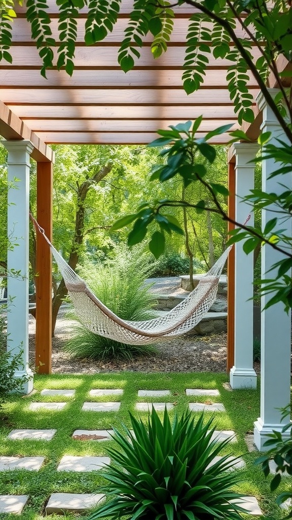 A cozy hammock hanging under a wooden pergola surrounded by green plants and stones.