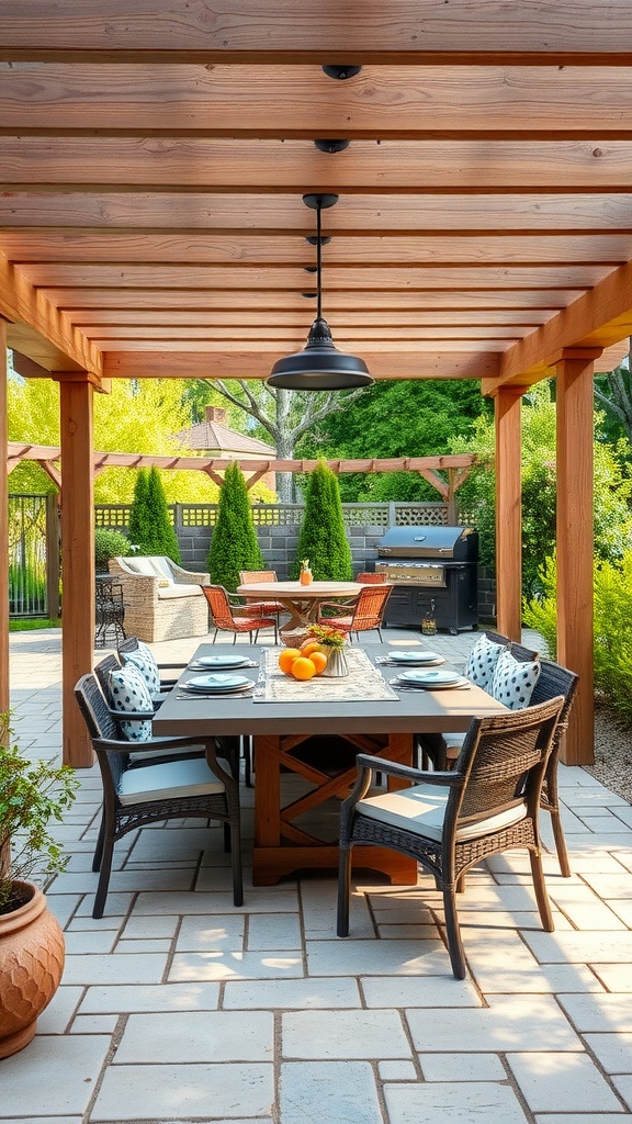 Outdoor dining area under a wooden pergola with a table set for a meal.