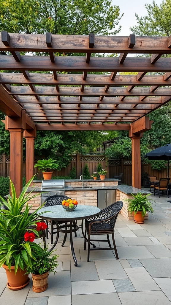 Outdoor kitchen under a wooden pergola with dining table and plants