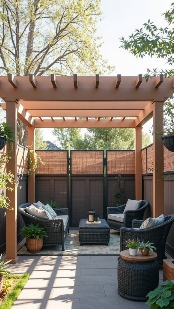 A cozy pergola with privacy screens, featuring comfortable seating and plants.