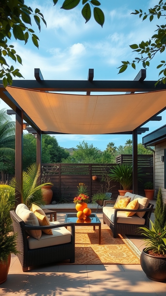A backyard pergola with a retractable canopy, featuring comfortable seating and potted plants.