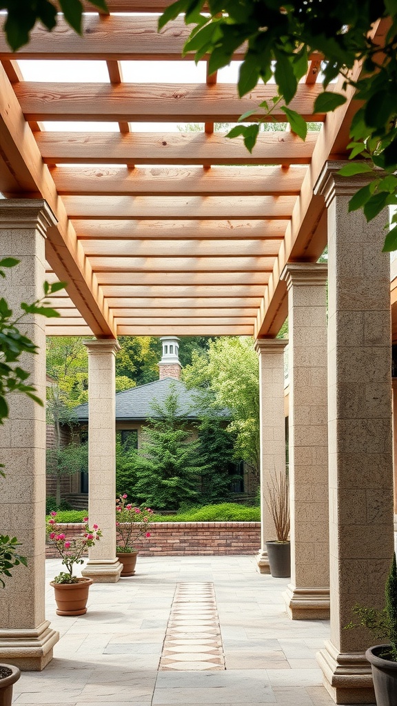 A pergola featuring wooden beams supported by stone columns, surrounded by greenery and potted plants.