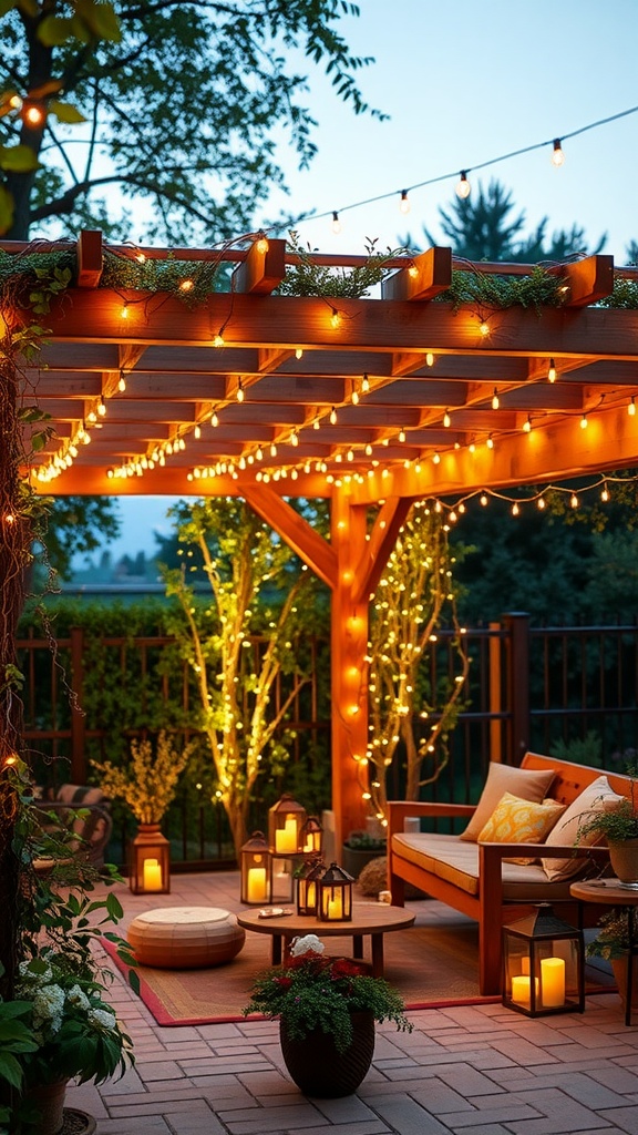 A beautifully lit pergola with string lights surrounded by plants and cozy seating.