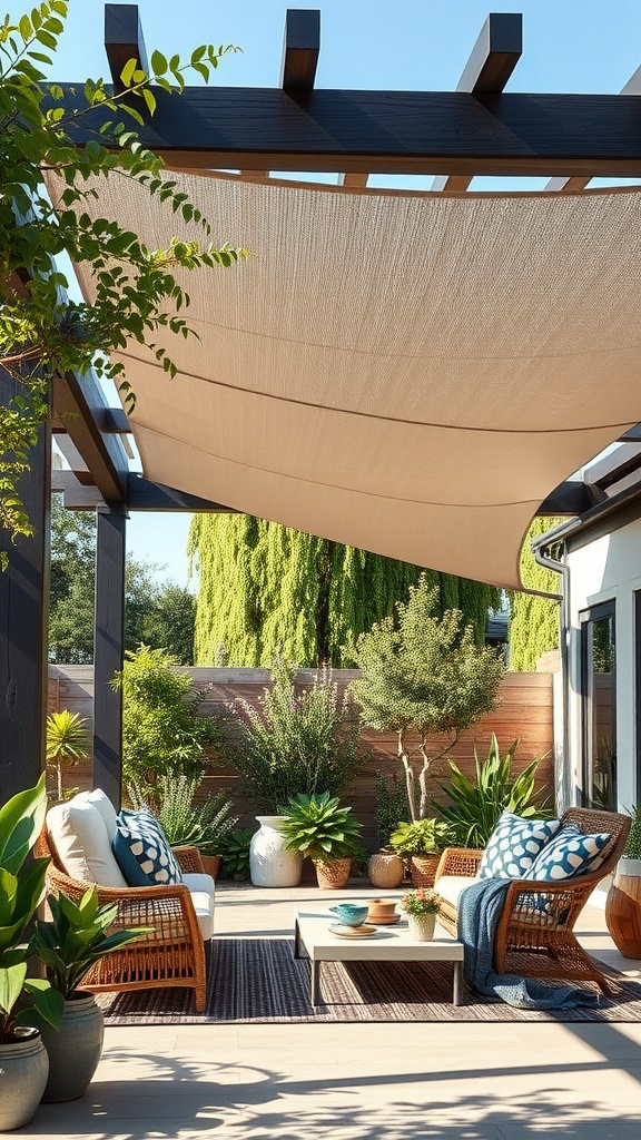 A cozy outdoor space featuring a pergola with sunshade panels, comfortable seating, and surrounding greenery