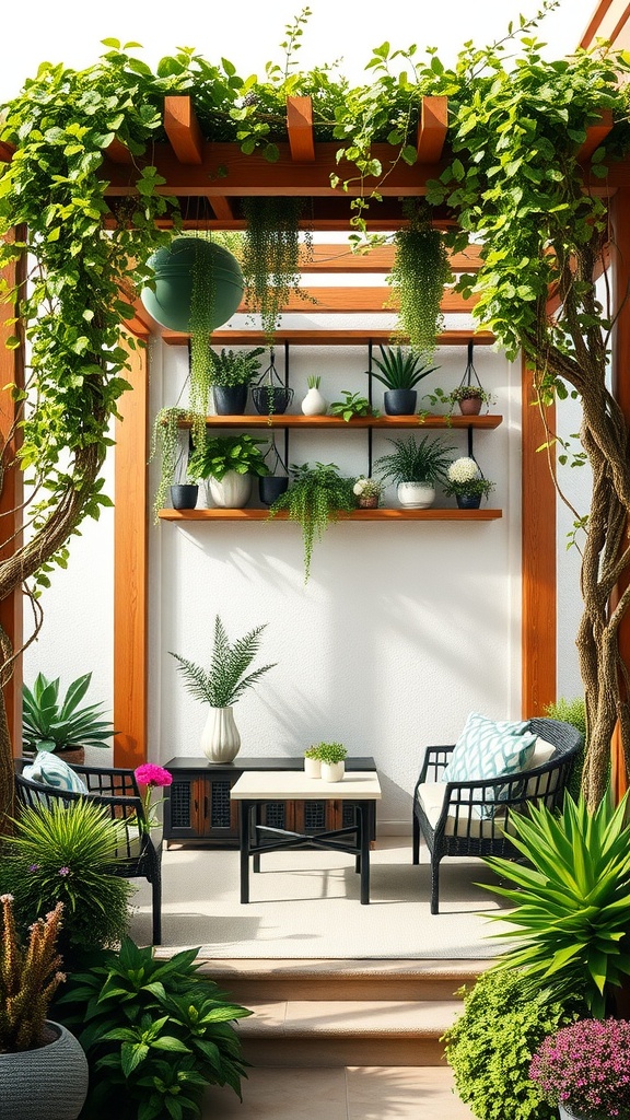 A backyard pergola adorned with a vertical garden featuring various plants and seating areas.