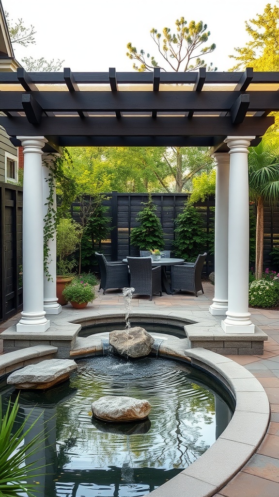 A backyard pergola with a water feature, featuring elegant columns and a serene pond with rocks and a fountain.