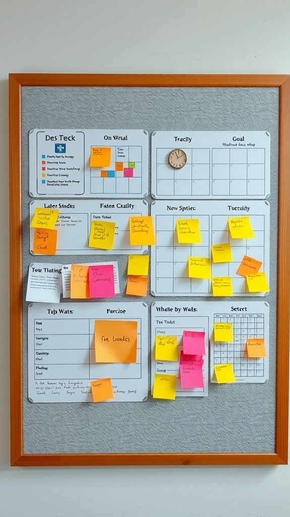 Bulletin board with sticky notes organized for personal goals tracking.