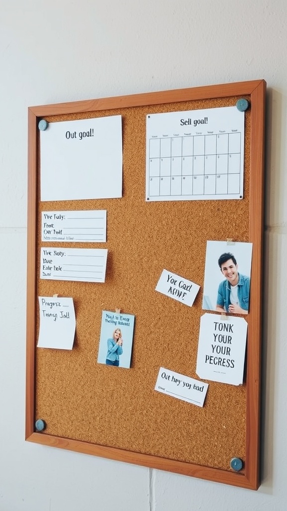 Cork board displaying personal goals with notes and a calendar