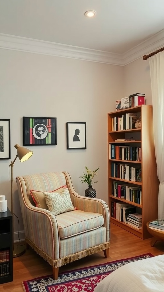 Cozy bedroom corner with a comfortable armchair, a bookshelf filled with books, and stylish decor.