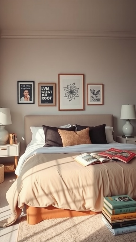 A cozy bedroom featuring a neatly made bed with a light-colored comforter, decorative pillows, and a stack of colorful books at the foot of the bed.