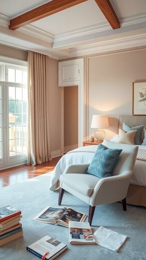 A luxurious master bedroom featuring a cozy armchair, large windows, and a stack of books, creating a serene personal retreat.