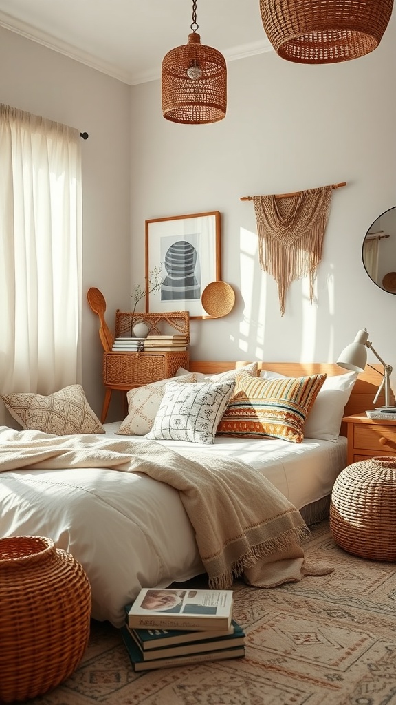 A cozy boho bedroom featuring a bed with layered pillows, woven light fixtures, and natural decor elements.