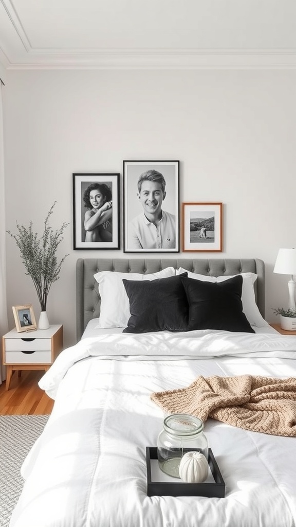 A monochrome bedroom featuring a bed with white linens, black pillows, and black-and-white framed photos on the wall.