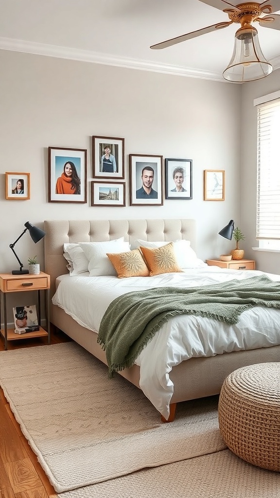 A neutral bedroom with a cozy bed, colorful pillows, personal photos on the wall, and a warm atmosphere.