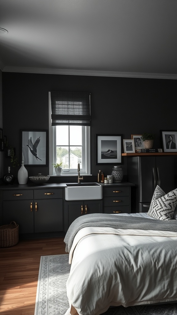 A moody kitchen featuring dark cabinetry, golden accents, and framed artwork on the walls.