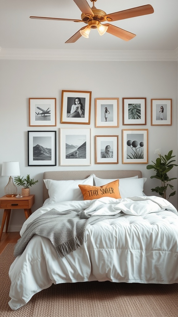 Cozy bedroom with a gallery wall of framed artwork above the bed, featuring a mix of black and white photographs and a decorative throw pillow.