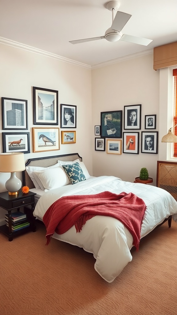 A cozy guest bedroom featuring a gallery wall of framed artwork and a neatly made bed with colorful decor