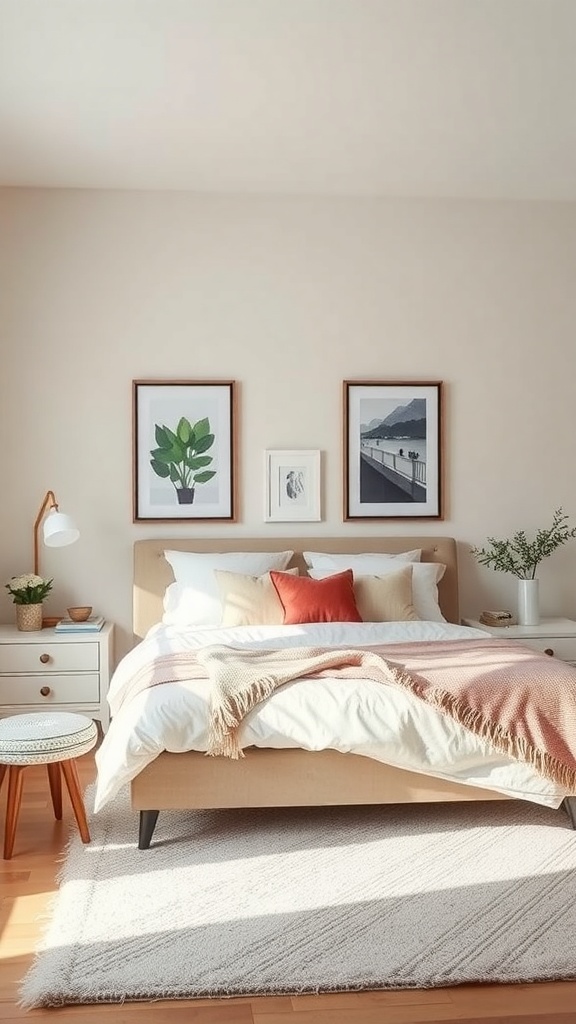 A cozy guest bedroom featuring a bed with decorative pillows, a throw blanket, and framed artwork on the wall.