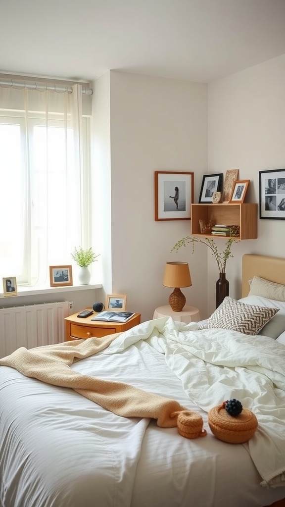 A neutral bedroom featuring soft textiles, wooden decor, and personal items.
