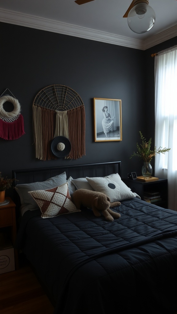 A cozy dark bedroom featuring decorative accents like textured pillows, a wall hanging, and a framed photograph.