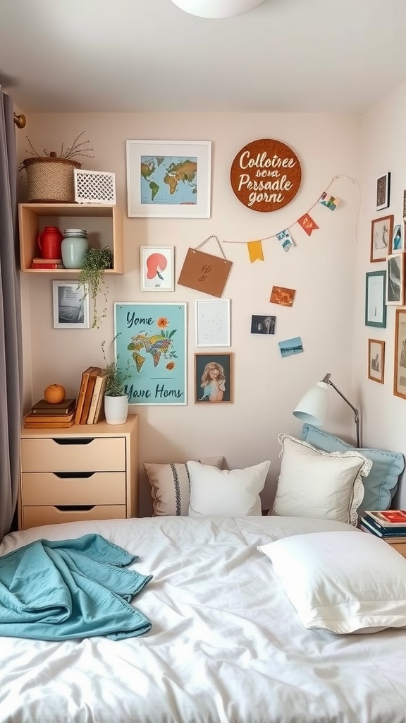 Cozy box room bedroom with personal touches, featuring a gallery wall and soft textiles.
