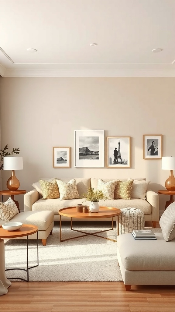 A cozy beige living room with family photos on the wall, featuring a comfortable sofa and stylish decor.