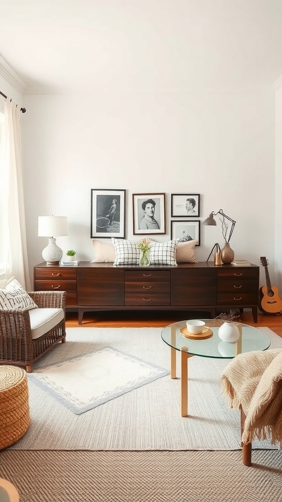 A neutral aesthetic bedroom featuring wooden furniture, plants, and personal accessories.