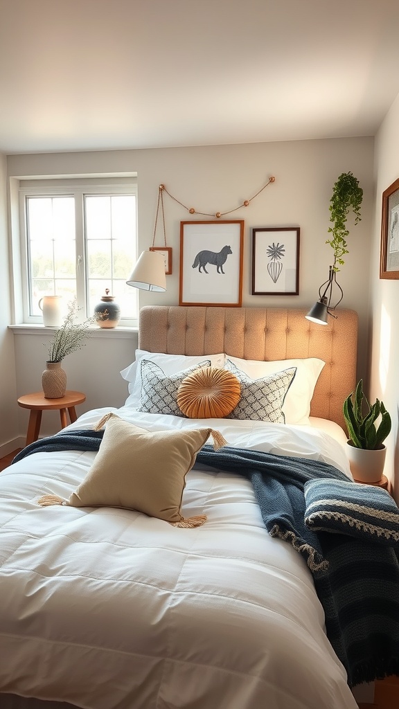 A small masculine bedroom featuring a cozy bed with pillows, artwork on the walls, and plants.