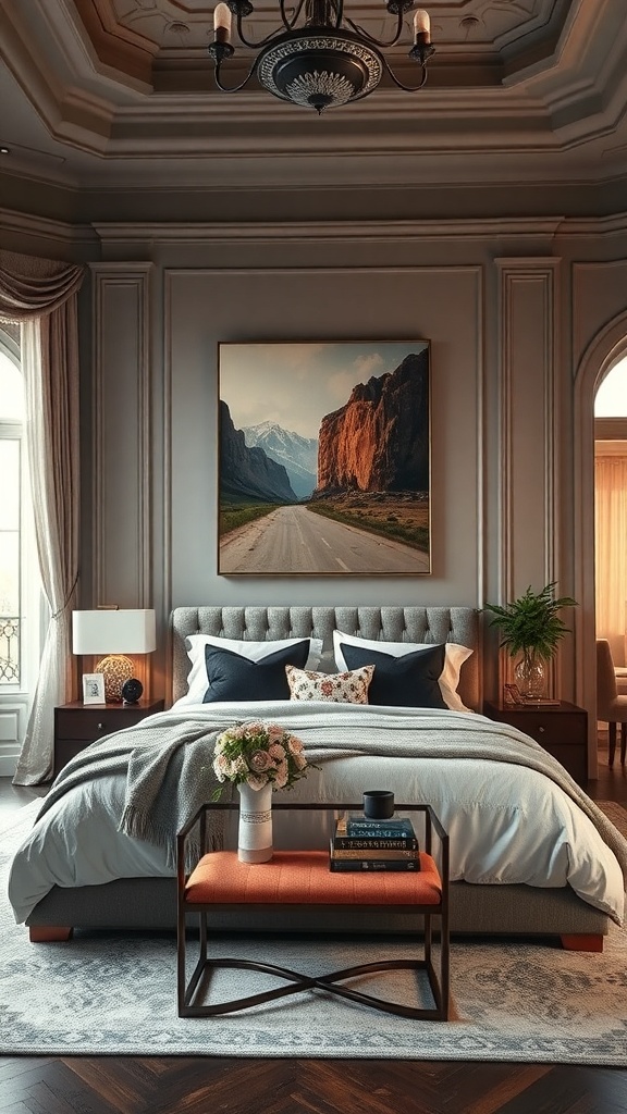 A cozy bedroom featuring a large landscape artwork of a road and mountains, with elegant decor.