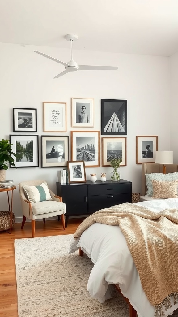 A stylish bedroom with a personalized art display on the wall featuring various framed black-and-white photos and inspirational quotes.