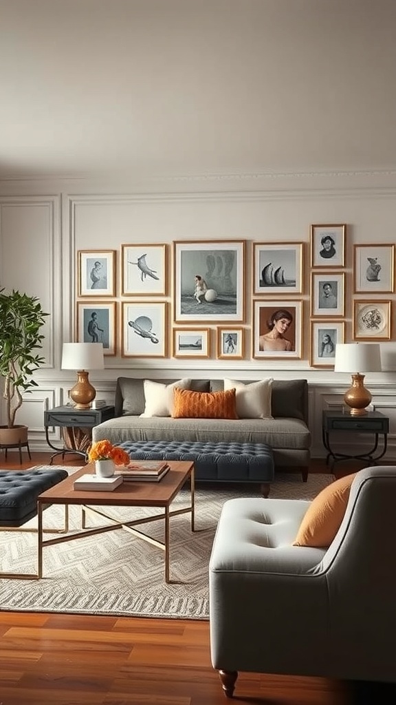 A formal living room featuring a wall of framed artwork, cozy seating, and warm decor accents.