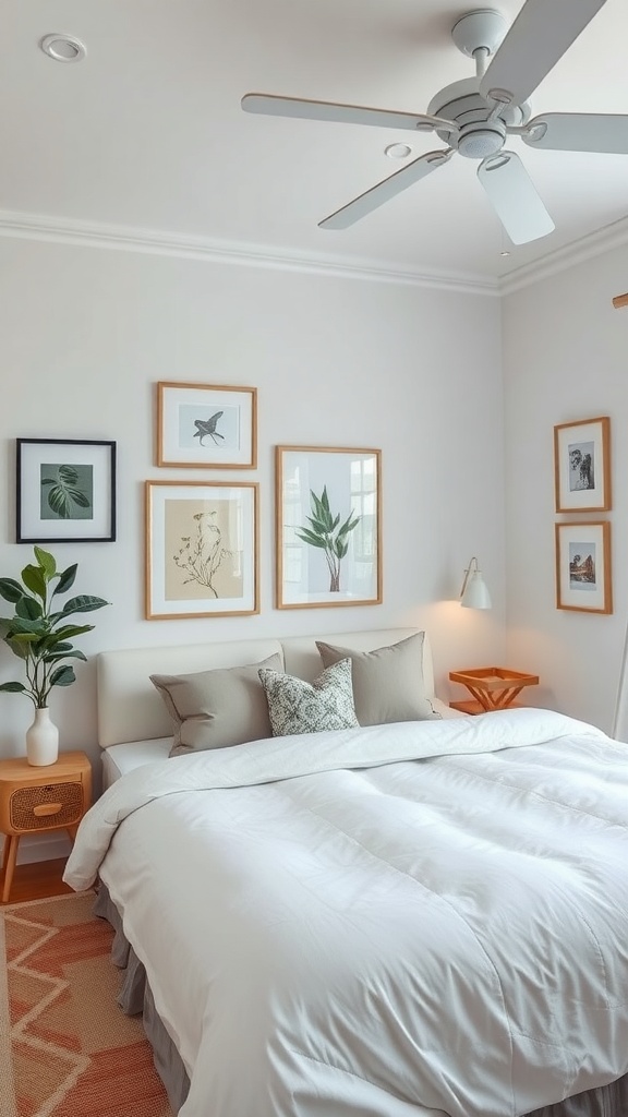 A cozy Japandi bedroom featuring framed botanical art, a bed with neutral bedding, and a plant beside the bed.
