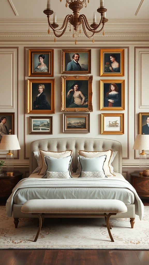 A luxurious bedroom featuring a bed with decorative pillows, a bench, and a wall adorned with framed portraits.