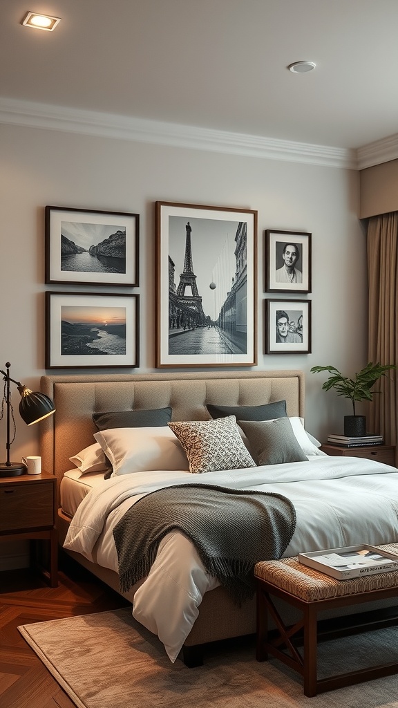 A luxury bedroom featuring personalized art displays above the bed, including black-and-white photographs and a central image of the Eiffel Tower.