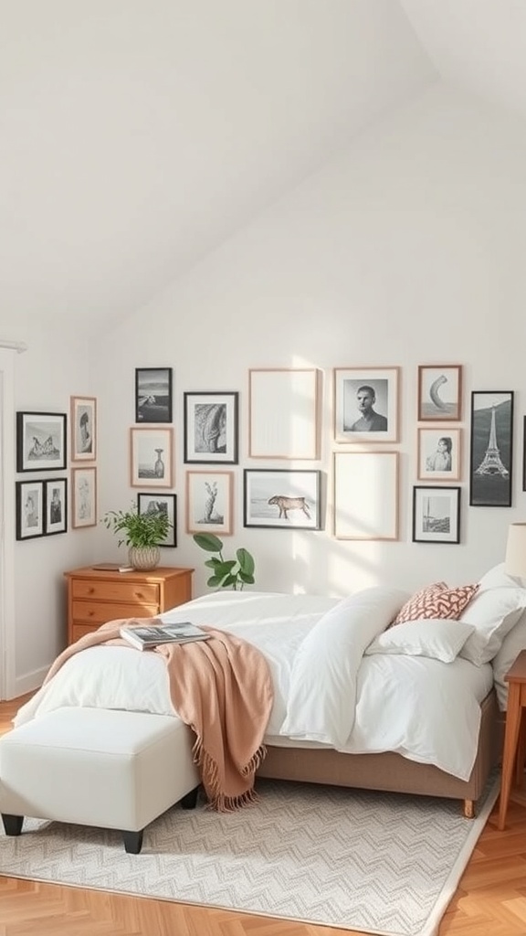 A cozy bedroom with a sloped ceiling featuring a personalized art gallery display on the wall.