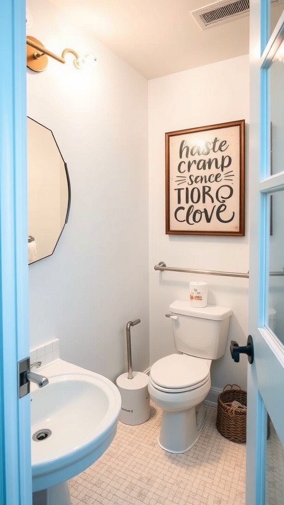 A bathroom featuring a stylish mirror, decorative wall art with a playful message, and organized accessories.