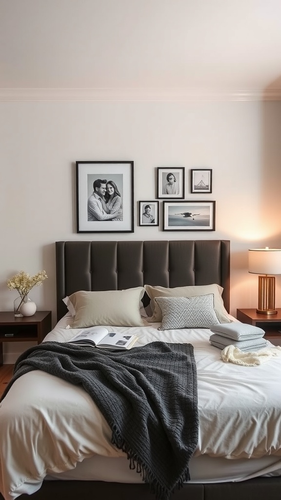 A cozy bedroom with a personalized artwork display above the bed, featuring framed photos and a warm color palette.