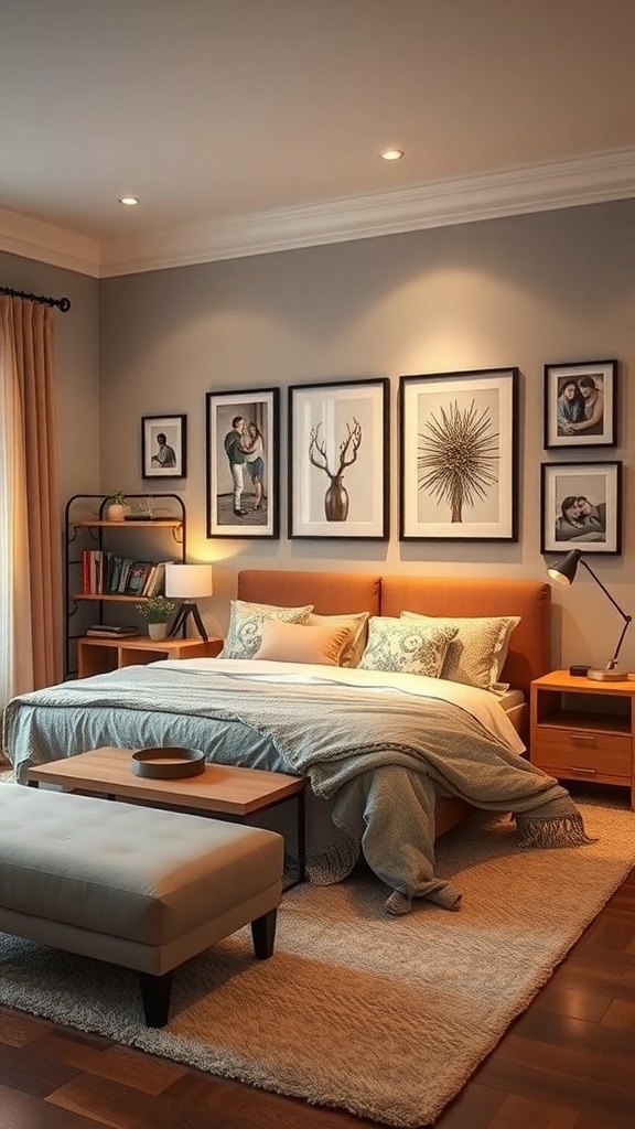 Cozy living room with personalized artwork displays on the wall.
