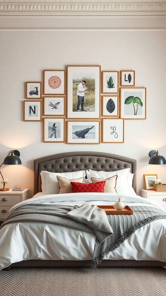 A luxury master bedroom with a personalized artwork display above the bed, featuring a mix of framed photos and artistic prints.